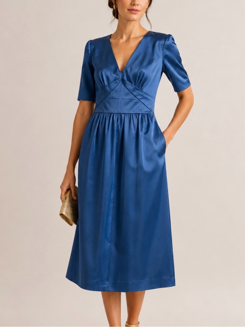 Temperley London The Theodora in Petrol Blue Silk Fitted Midi Plunge Neck Dress